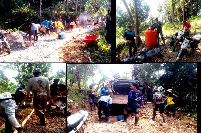 Ketua Tim Pelaksana Kegiatan Caca Riswandi didampingi Ketua BPD Heryanto, Ketua LPM Darmu , mengawasi jalannya pekerjaan ( Dok.Hallobandung.com / Abdul Haris Nasution)